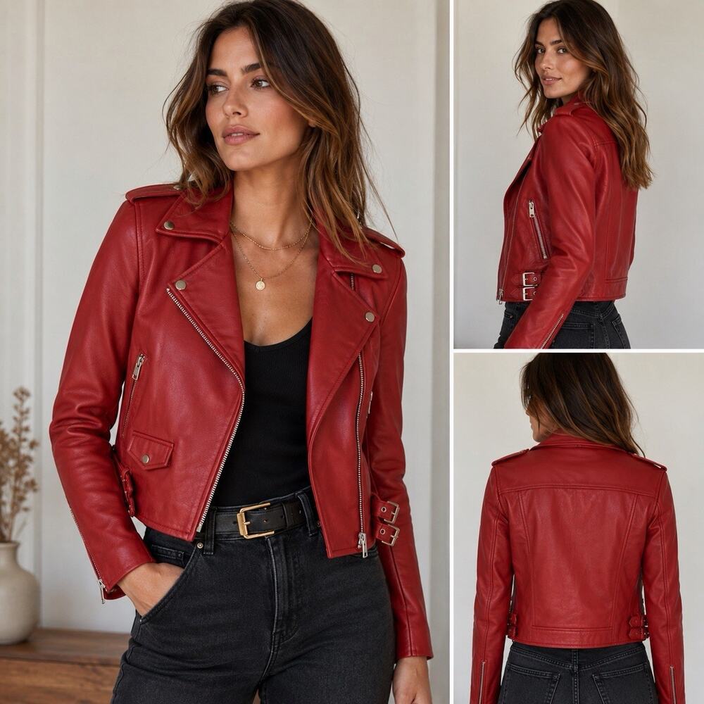 Walter Baker Red Lamb Leather Moto Jacket XS Cropped Biker Asym Zip Buckle Lux